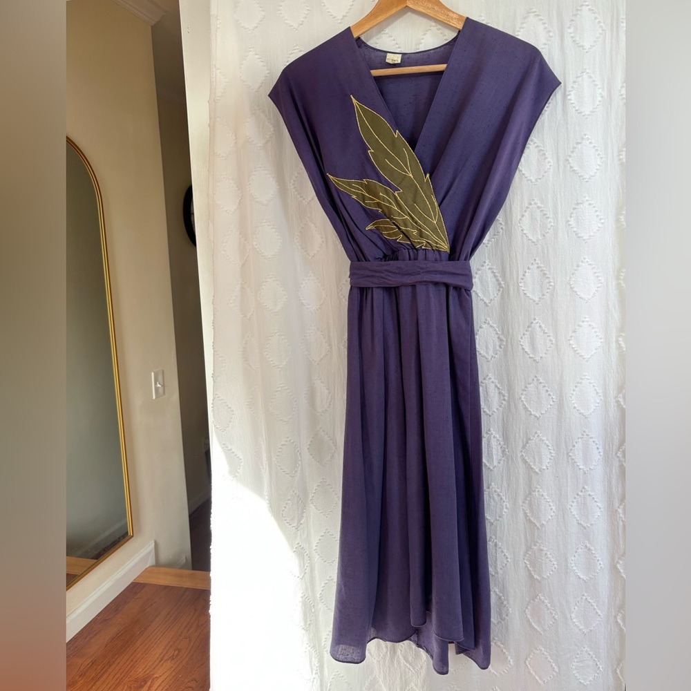 Vintage Purple Midi Dress with Gold Leaf Accent